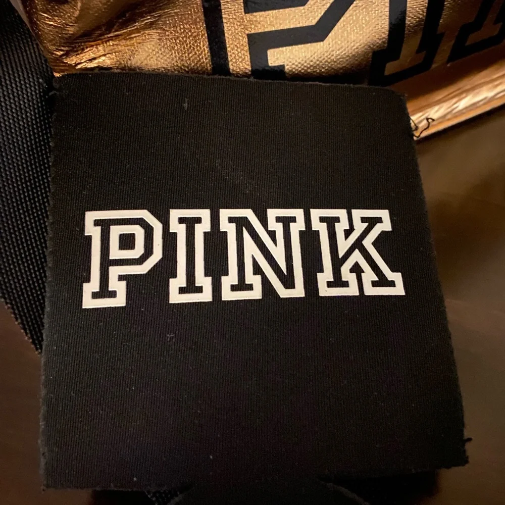 New Victoria’s Secret PINK Gold Zip Travel Case & Matching Drink Holder Logo Set
